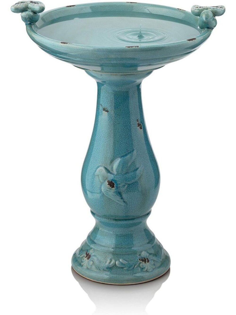25" Tall Outdoor Ceramic Antique Pedestal Birdbath with 2 Bird Figurines